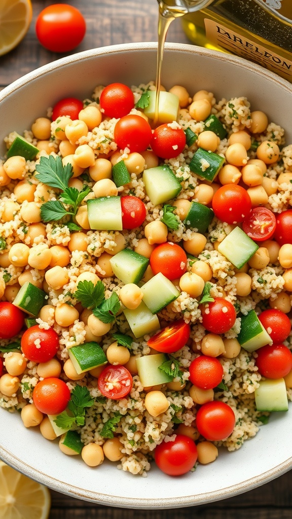 A refreshing Mediterranean chickpea and quinoa salad with cherry tomatoes, cucumber, and parsley, served in a bowl with a lemon and olive oil.